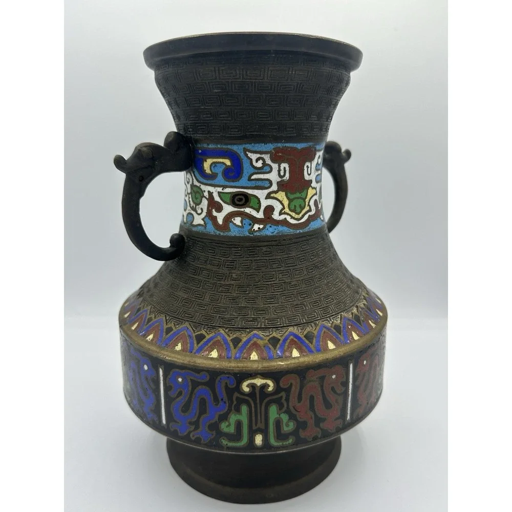 Antique Japanese Enamel Cloisonne Champleve‎ Bronze Vase 10